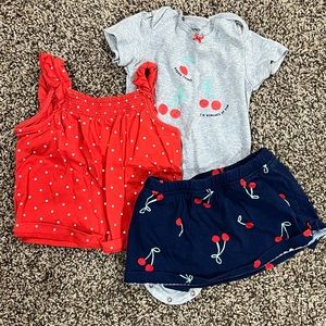 Carters baby girl set, skirt/shirt/onesie, 18 months, EUC summer, cherries